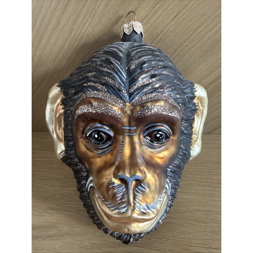 Slavic Treasures Poland Monkey Chimpanzee Head Ornament Hand‎ Blown Glass